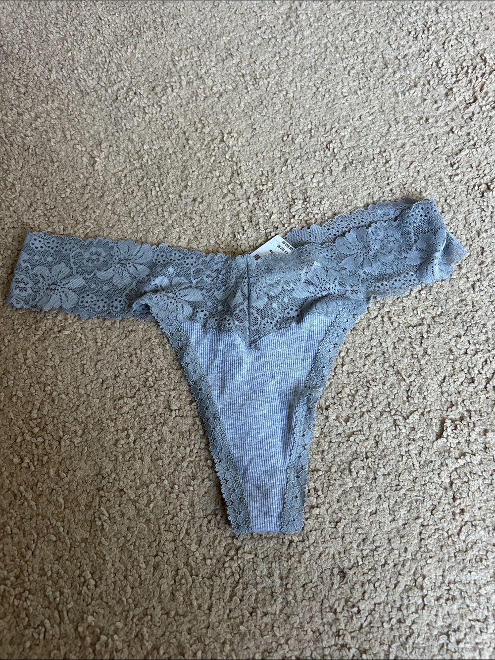 PINK Victoria's Secret Ribbed Lace-Trim Thong - Light Blue Gray